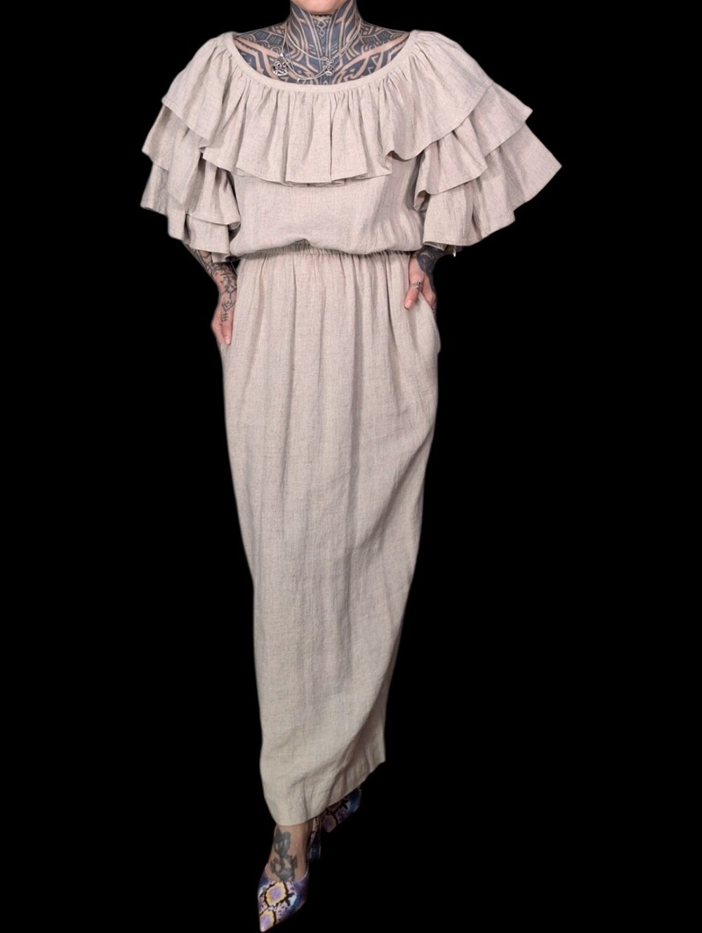 Vintage 90s Tiered Ruffle Flutter Sleeves & Collar Maxi Dress S Linen Blend Boho